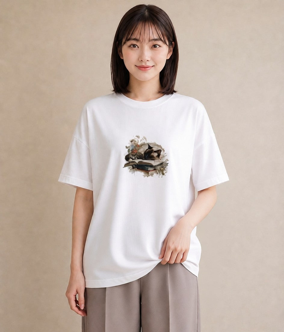 半袖Tシャツ レディース シャム柄 猫 ねこ イラスト モード 女子会 お揃い 白T