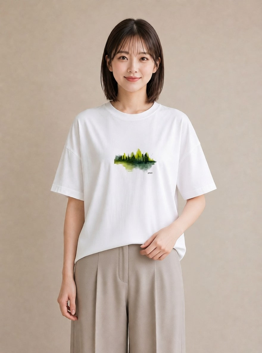 Tシャツ レディース 森 植物 ボタニカル イラスト 線画 カジュアルコーデ 買い物 白T