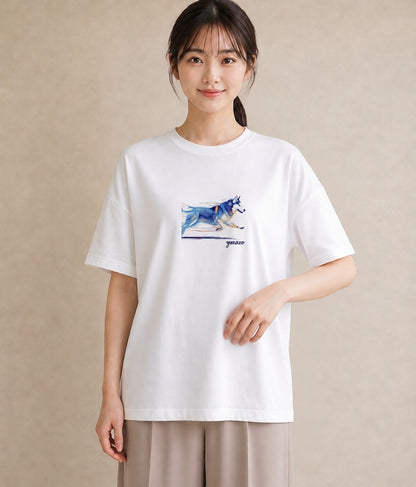 プリントTシャツ レディース シベリアンハスキー 犬 いぬ イラスト ミニマル 親子 20代 白T