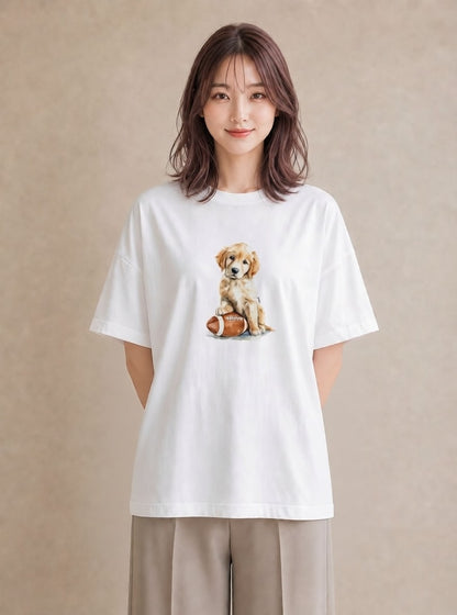Tシャツ レディース ゴールデンレトリバー ゴールデン 犬 いぬ イラスト 水彩風 カジュアルコーデ 買い物 白T