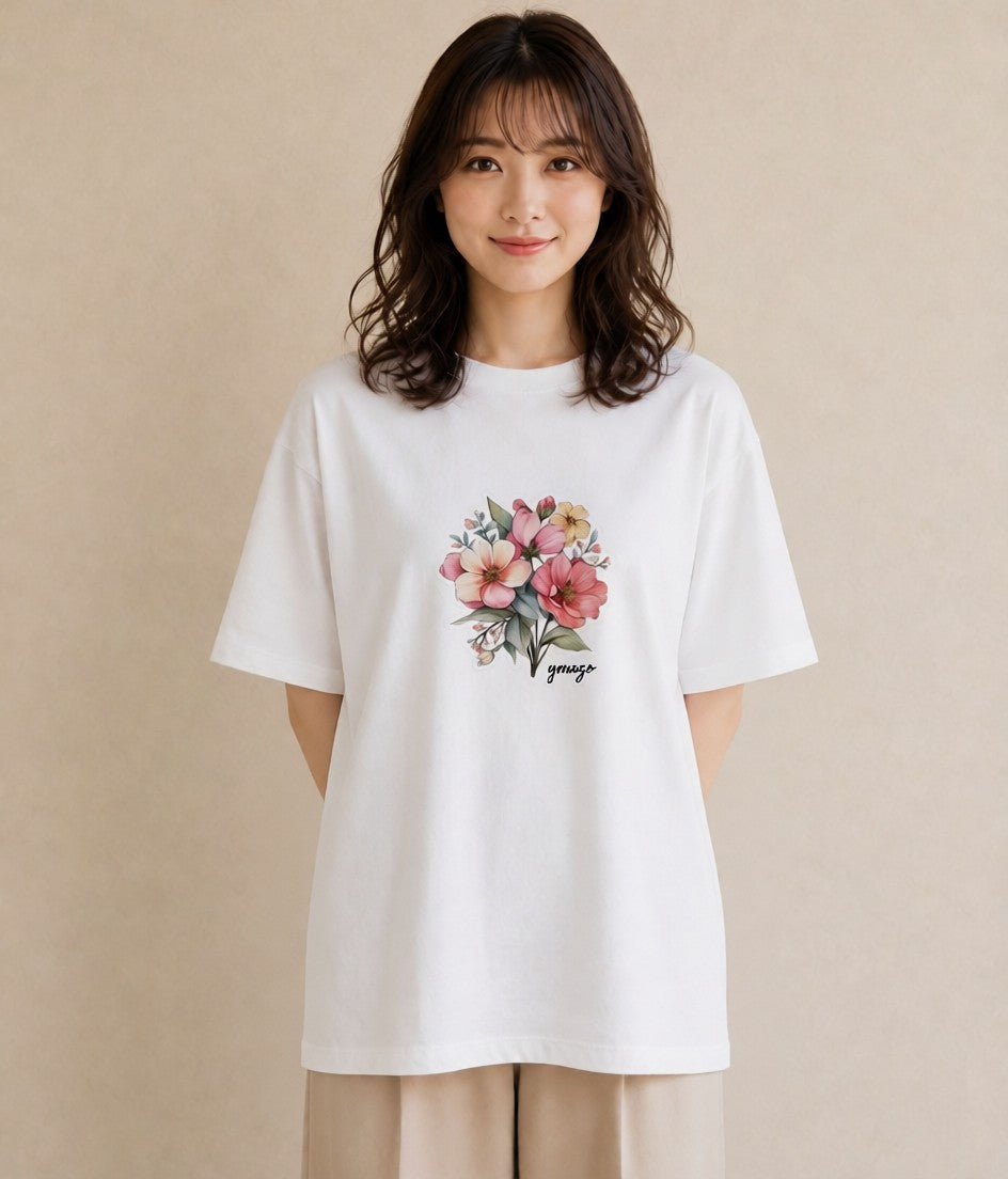 Tシャツ レディース コスモス 秋桜 花 花柄 イラスト ラフカジュアル おしゃれギフト 社会人 白T