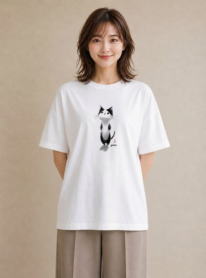 半袖Tシャツ レディース ハチワレ 白黒猫 猫 ねこ イラスト 抜け感 公園 ママ 白T