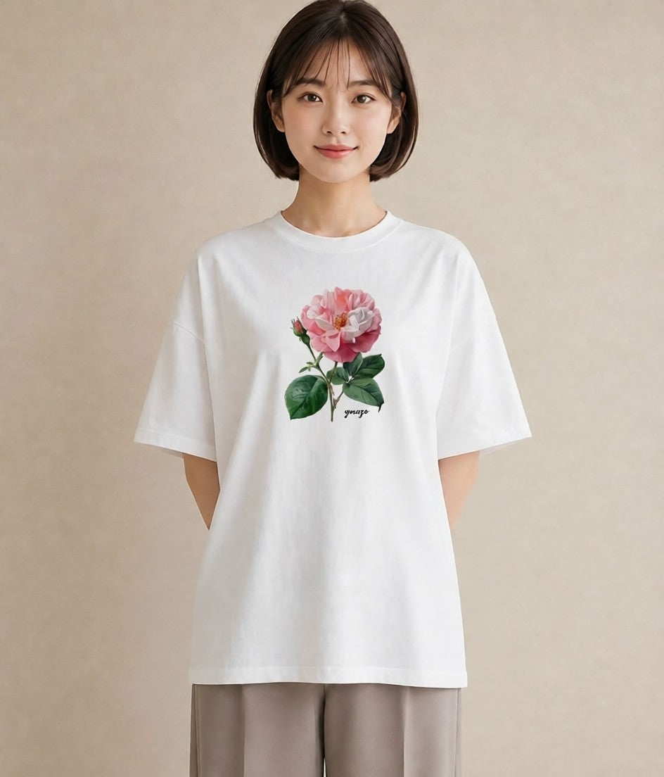半袖Tシャツ レディース バラ 薔薇 ローズ 花 花柄 イラスト ボタニカル カフェ服 クリスマス 白T