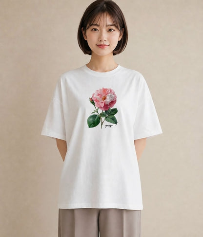 半袖Tシャツ レディース バラ 薔薇 ローズ 花 花柄 イラスト ボタニカル カフェ服 クリスマス 白T