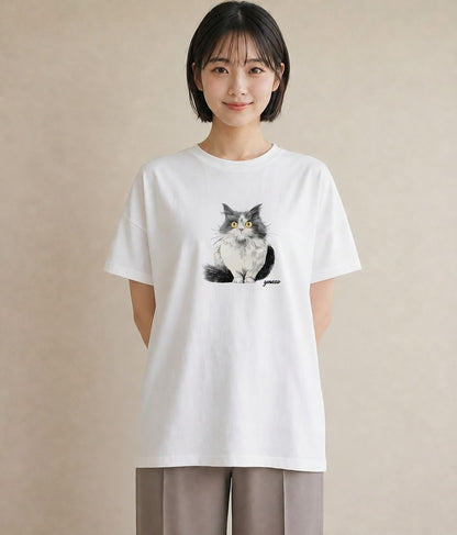 半袖Tシャツ レディース サバトラ 猫 ねこ イラスト ニュアンス 在宅 公園 白T