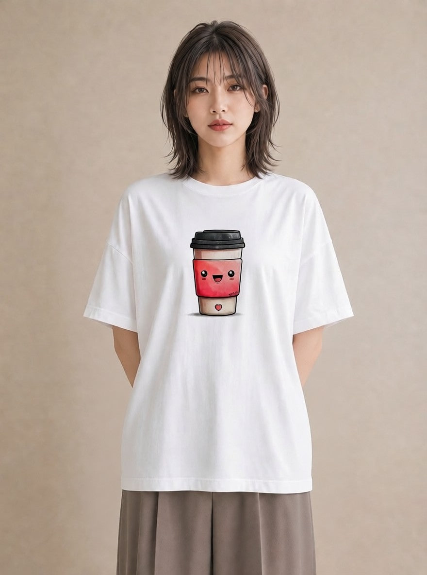デザインTシャツ レディース カフェラテ 食べ物 フード イラスト 水彩風 親子 20代 白T