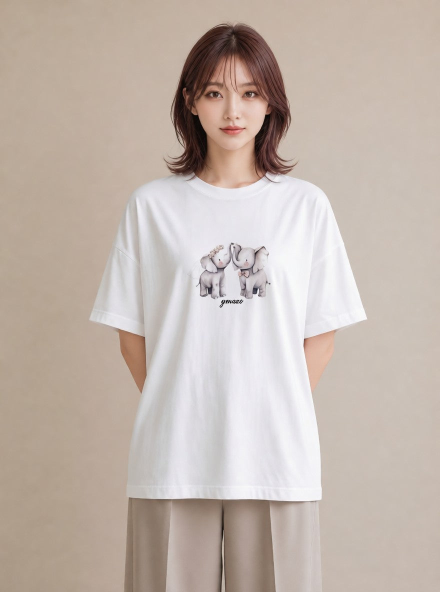プリントTシャツ レディース ぞう 動物 アニマル イラスト ゆるかわ カフェ巡り 女子会 白T