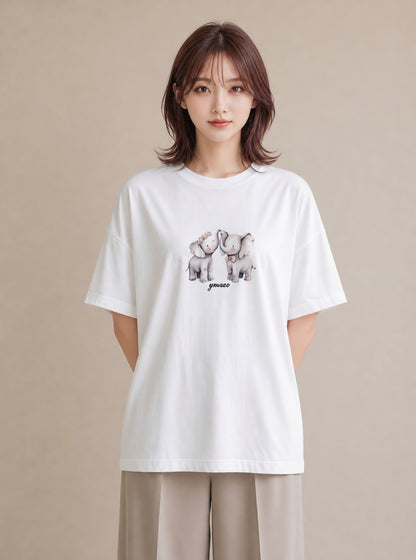 プリントTシャツ レディース ぞう 動物 アニマル イラスト ゆるかわ カフェ巡り 女子会 白T