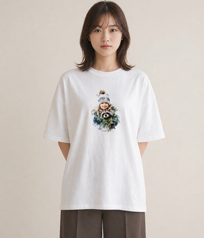 半袖Tシャツ レディース たぬき 動物 アニマル イラスト シック お揃い 親子 白T