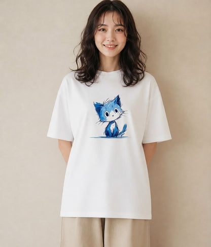 グラフィックTシャツ レディース ロシアンブルー 猫 ねこ イラスト ナチュラル ビーチ デイリーウェア 白T