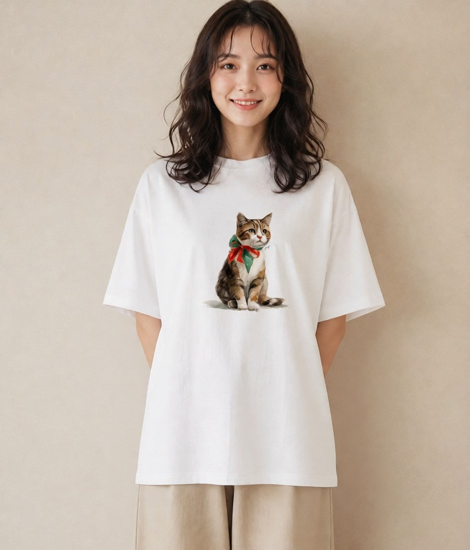 Tシャツ レディース スコティッシュフォールド 猫 ねこ イラスト ミニマル カフェ服 クリスマス 白T