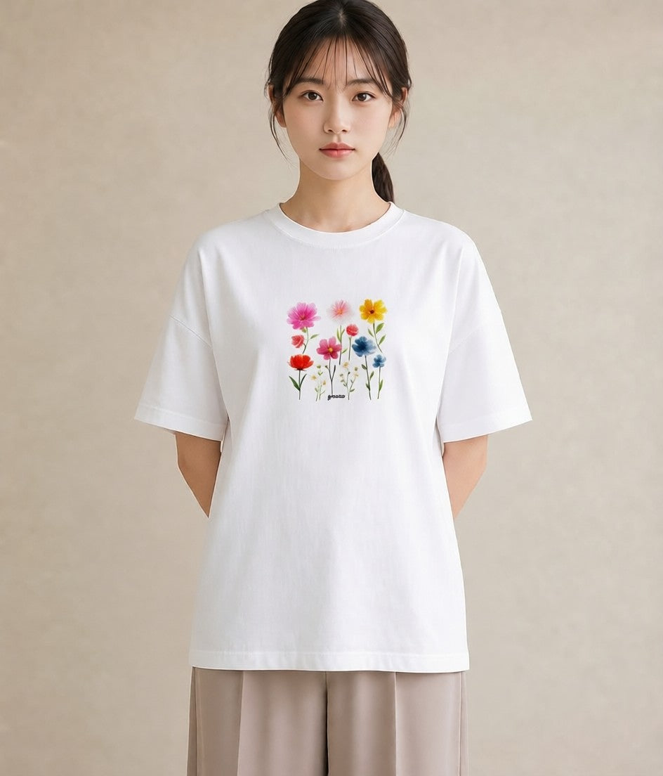 プリントTシャツ レディース コスモス 秋桜 花 花柄 イラスト ニュアンス レイヤード 友達ギフト 白T