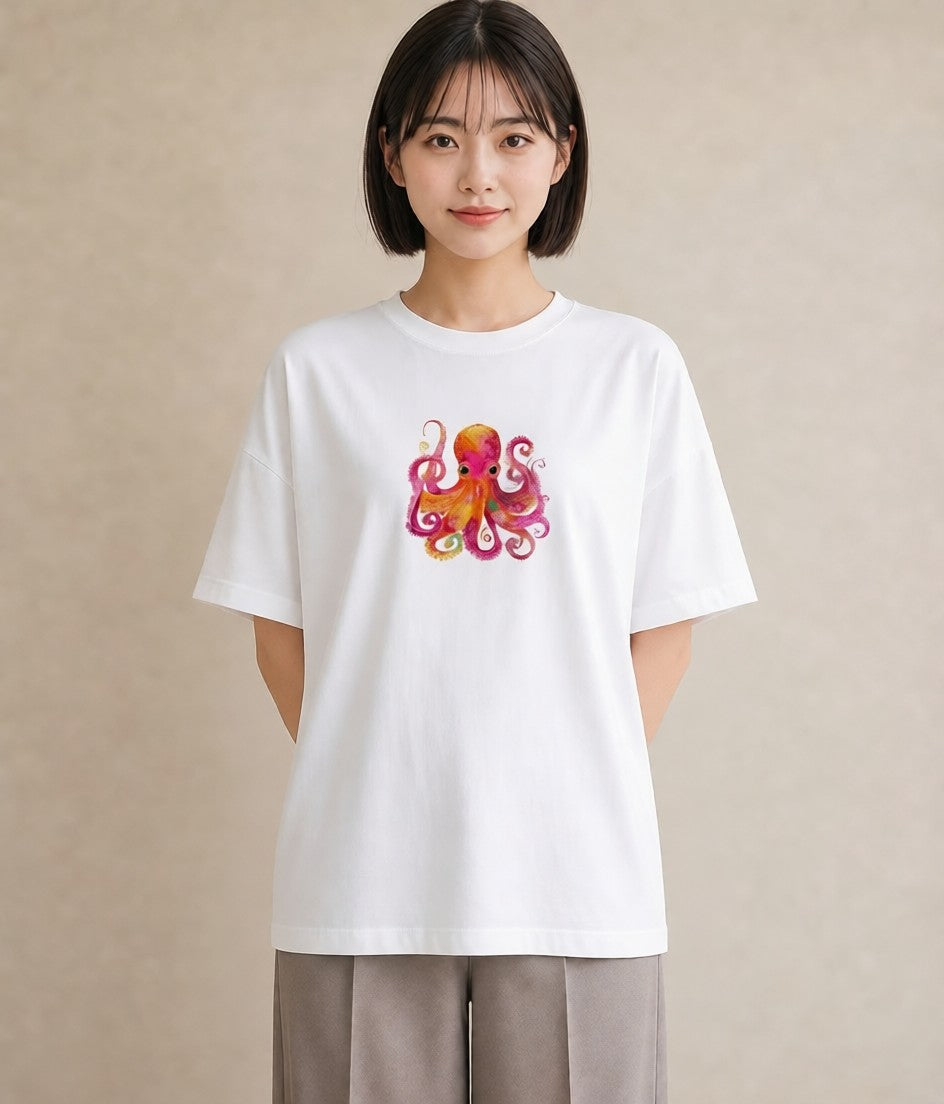 プリントTシャツ レディース イカ 海の生き物 海 イラスト シック お出かけ 普段着 白T