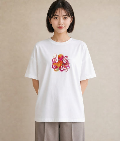 プリントTシャツ レディース イカ 海の生き物 海 イラスト シック お出かけ 普段着 白T