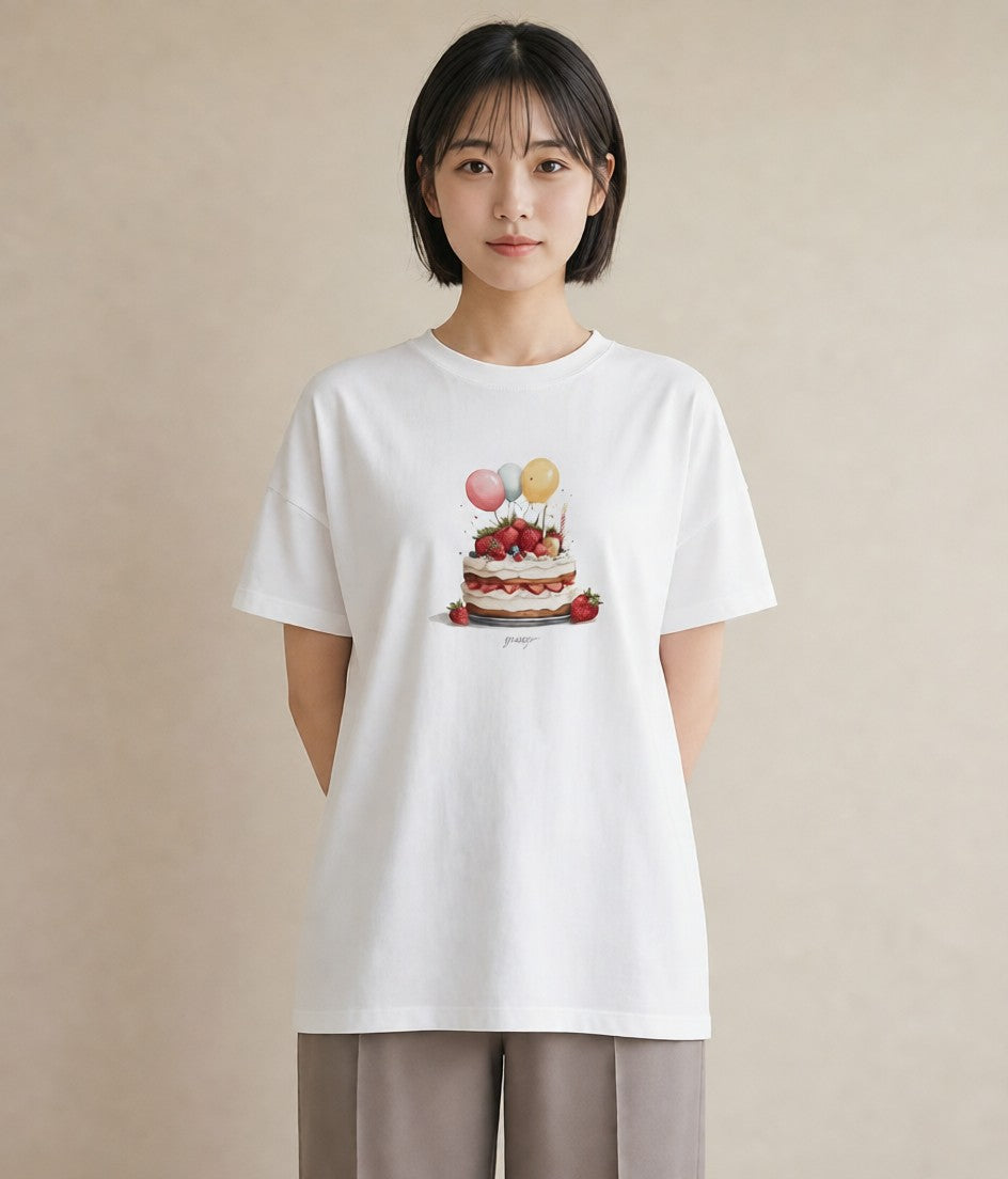 デザインTシャツ レディース ショートケーキ 食べ物 フード イラスト ヴィンテージ風 春服 ミセス 白T