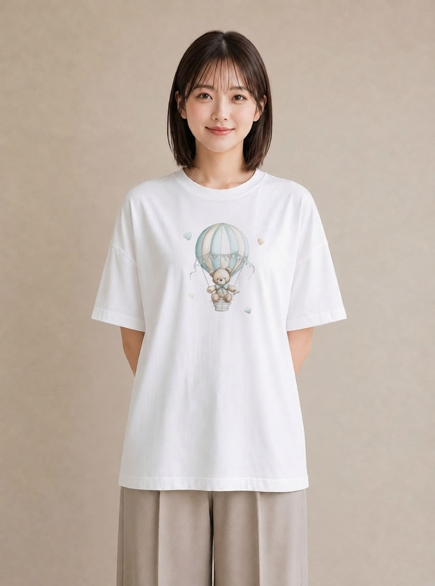 半袖Tシャツ レディース 気球 星空 宇宙 イラスト 水彩風 20代 カジュアルコーデ 白T
