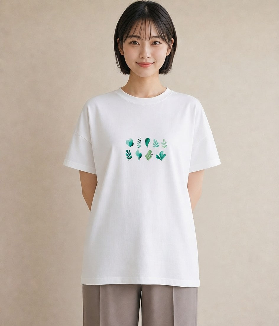 Tシャツ レディース 新緑 植物 ボタニカル イラスト 可愛い ミセス 春コーデ 白T