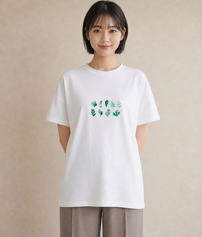 Tシャツ レディース 新緑 植物 ボタニカル イラスト 可愛い ミセス 春コーデ 白T