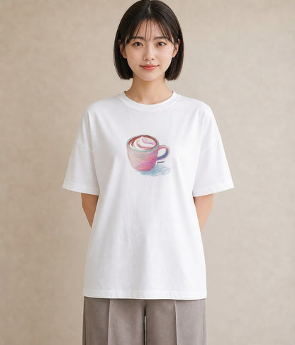 グラフィックTシャツ レディース カフェラテ 食べ物 フード イラスト 普段使い 普段着 週末コーデ 白T