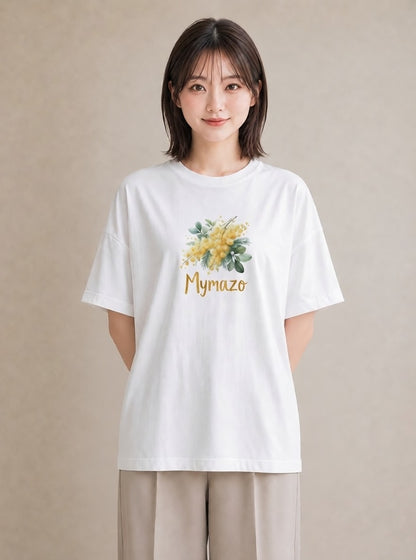 半袖Tシャツ レディース ミモザ 花 花柄 イラスト きれいめ 送別ギフト 通勤 白T