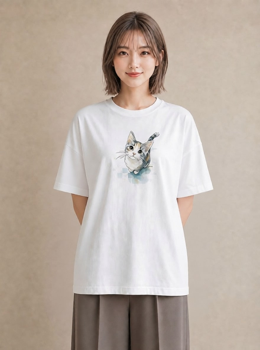 グラフィックTシャツ レディース サビ猫 猫 ねこ イラスト 上品 海 カフェ巡り 白T
