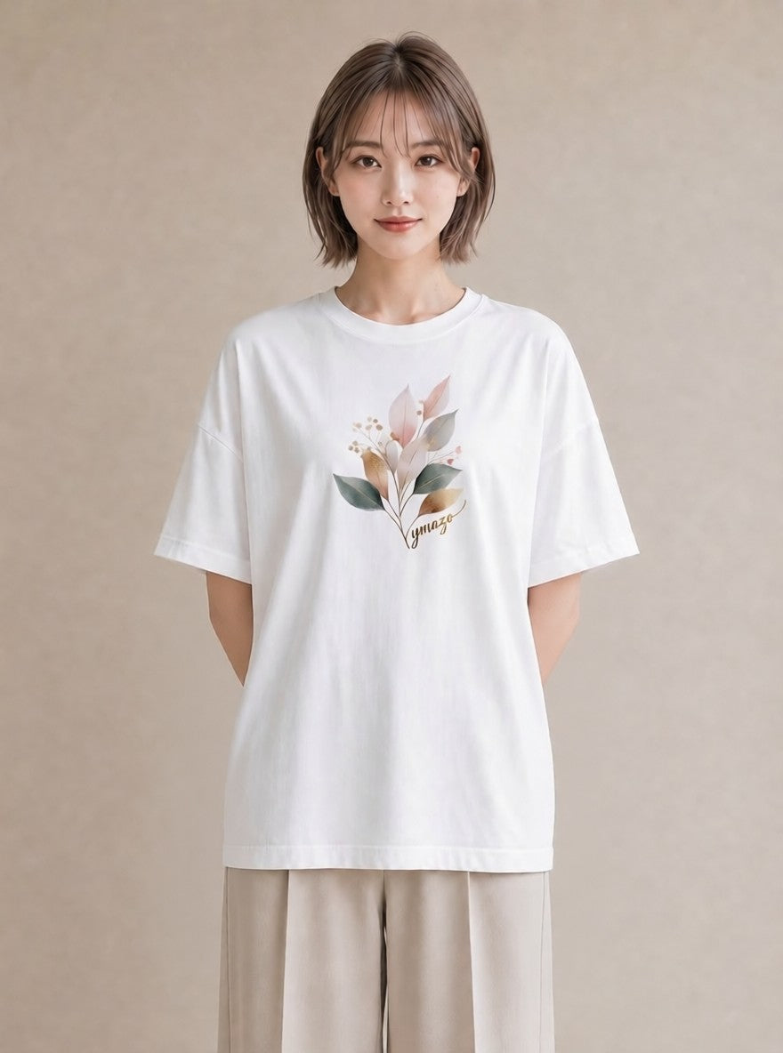 デザインTシャツ レディース 落ち葉 植物 ボタニカル イラスト フェミニン カフェ巡り 女子会 白T