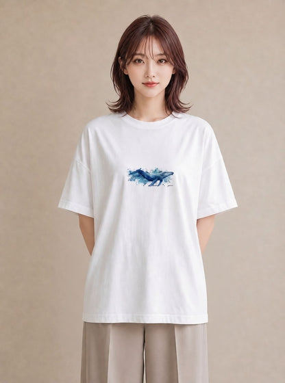 半袖Tシャツ レディース クジラ 海の生き物 海 イラスト ラフ 自分用 ルームウェア 白T