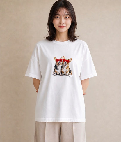 デザインTシャツ レディース ウェルシュコーギー コーギー 犬 いぬ イラスト ポップ 女子会 お揃い 白T