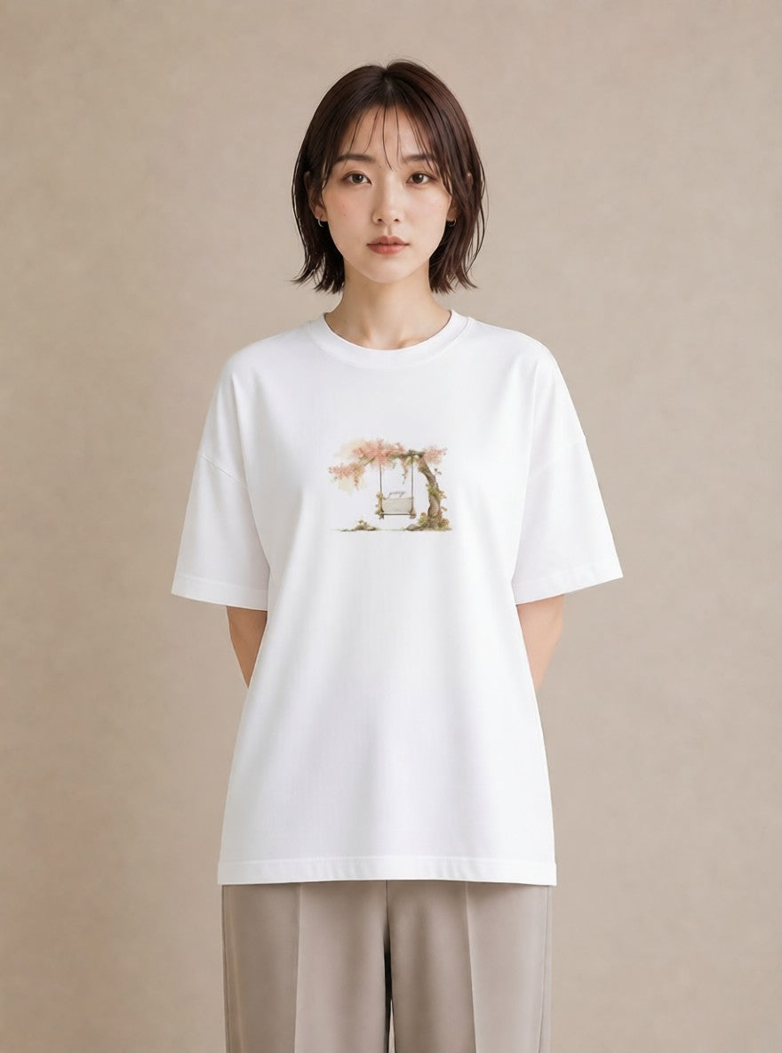 グラフィックTシャツ レディース 雨上がりのベンチ ベンチ ナチュラル アンティーク イラスト ラフカジュアル 秋コーデ おしゃれギフト 白T