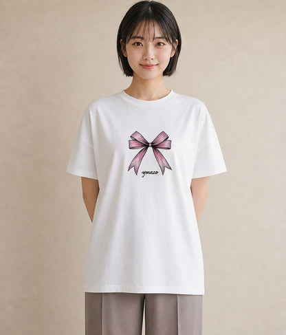 半袖Tシャツ レディース リボン 蝶結び ナチュラル アンティーク イラスト 韓国風 クリスマス 旅行 白T