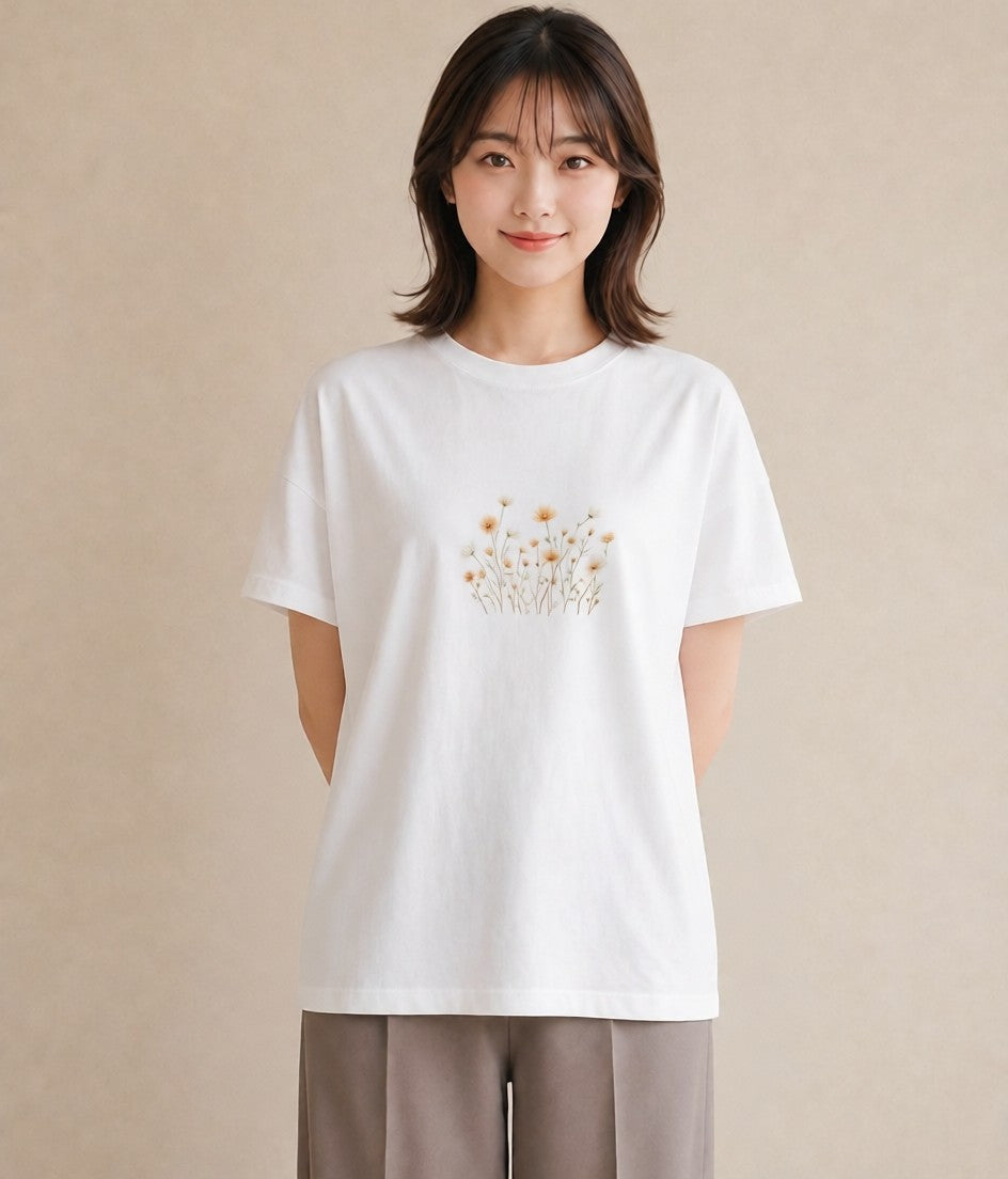 半袖Tシャツ レディース デイジー 花 花柄 イラスト ラフ レイヤード 白T
