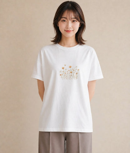 半袖Tシャツ レディース デイジー 花 花柄 イラスト ラフ レイヤード 白T