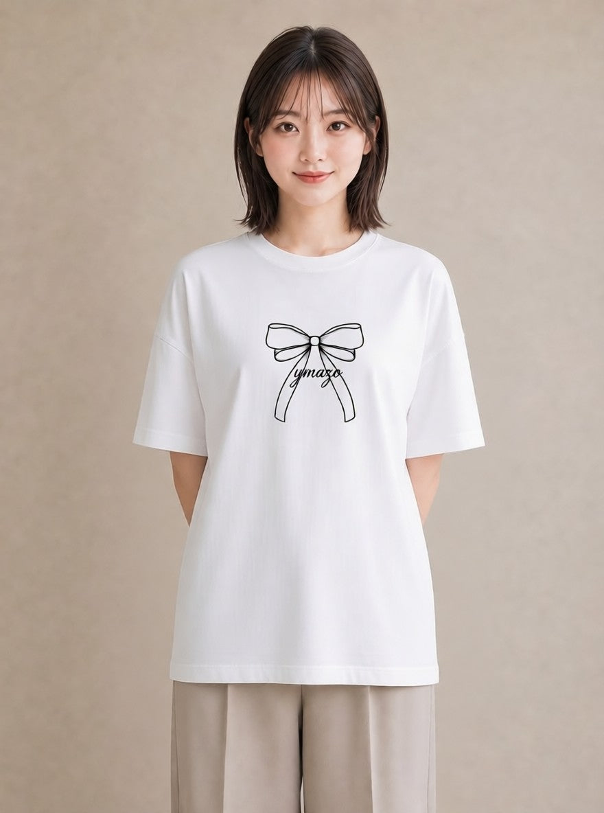 Tシャツ レディース リボン 蝶結び ナチュラル アンティーク イラスト 抜け感 部屋着 女性向けギフト 白T