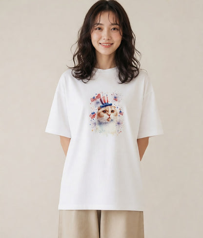 半袖Tシャツ レディース エキゾチックショートヘア 猫 ねこ イラスト レトロ 散歩 お出かけ 白T