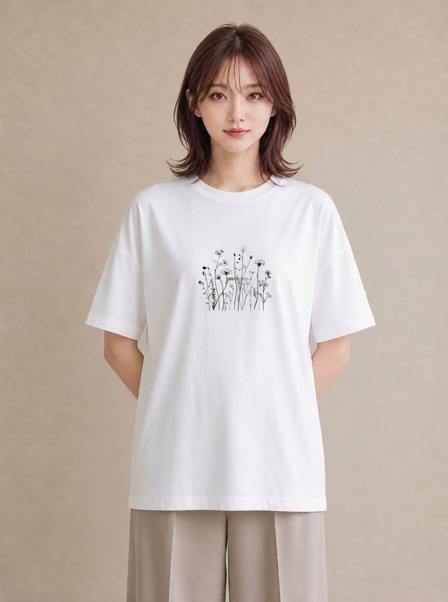 プリントTシャツ レディース 小花 花 フラワー イラスト ラフ 普段着 週末コーデ 白T