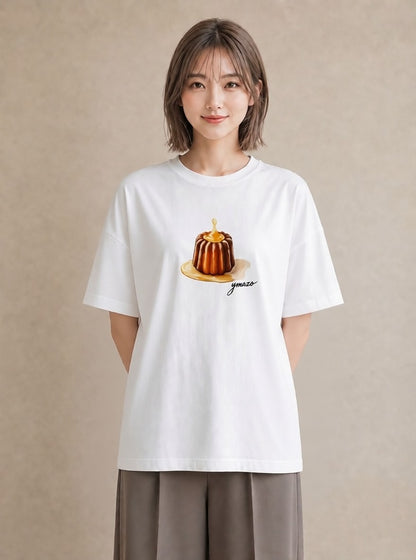 半袖Tシャツ レディース プリン 食べ物 フード イラスト シック 帰省 ラフ 白T