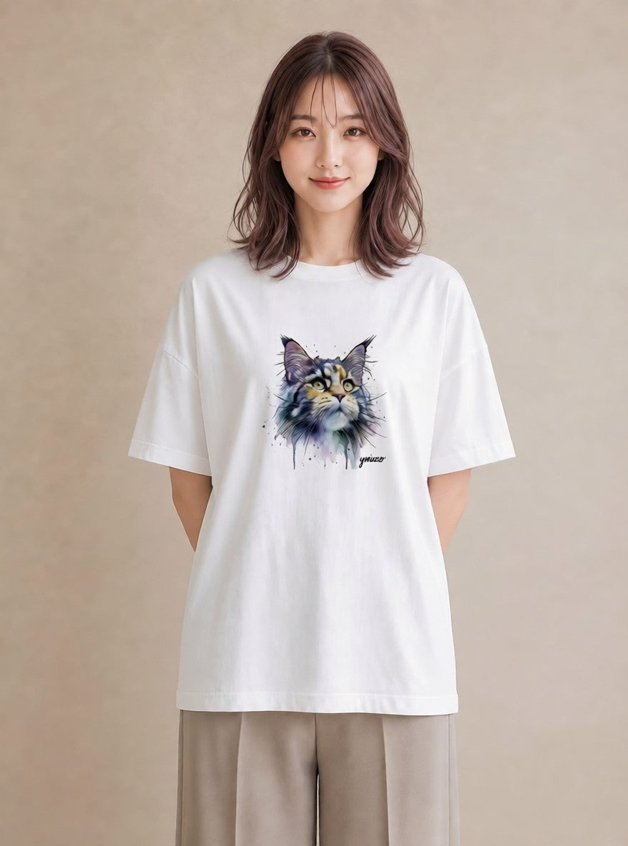 Tシャツ レディース ぶち猫 猫 ねこ イラスト シンプル ビーチ デイリーウェア 白T