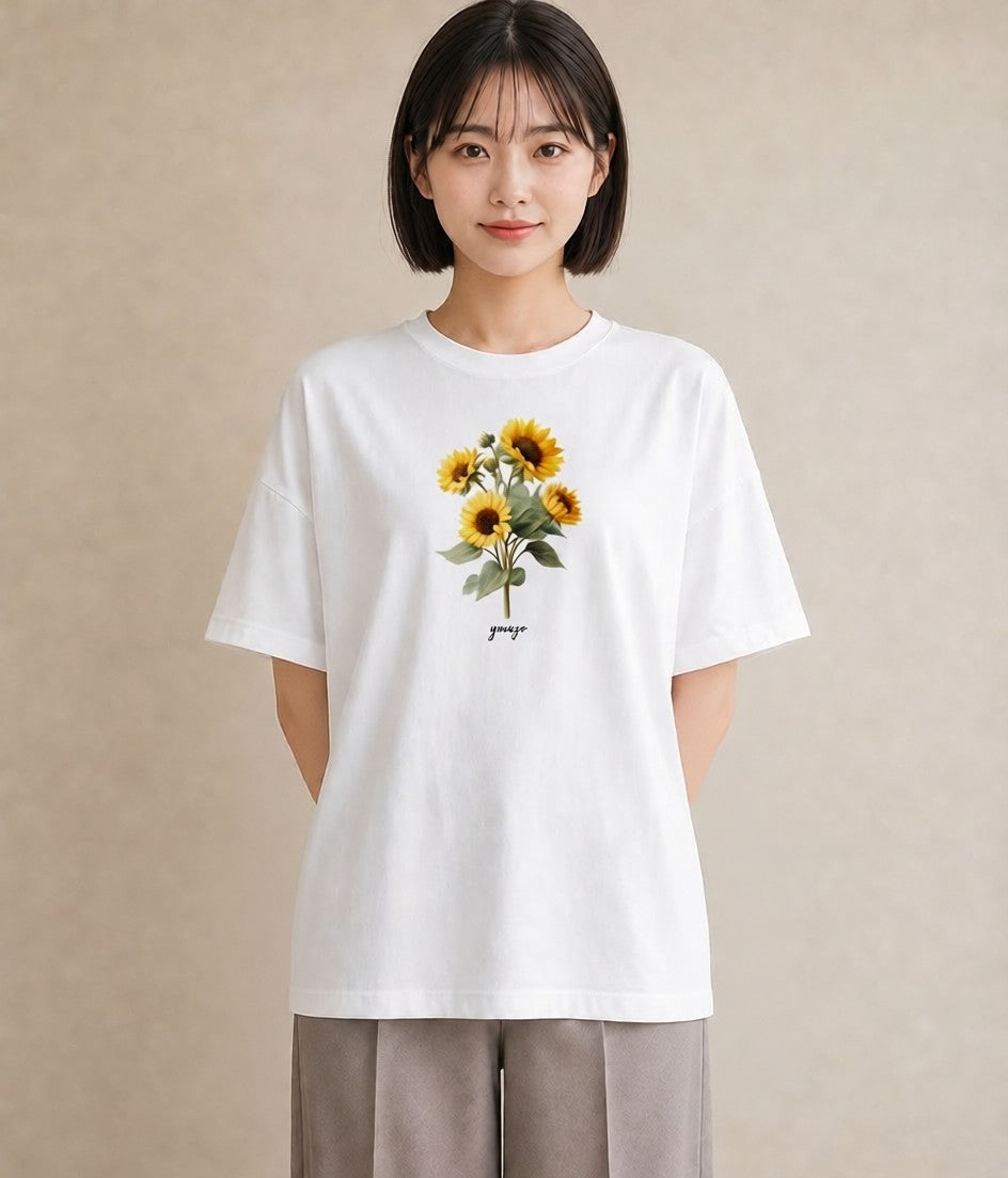 デザインTシャツ レディース ひまわり 向日葵 花 花柄 イラスト ラフカジュアル 部屋着 女性向けギフト 白T