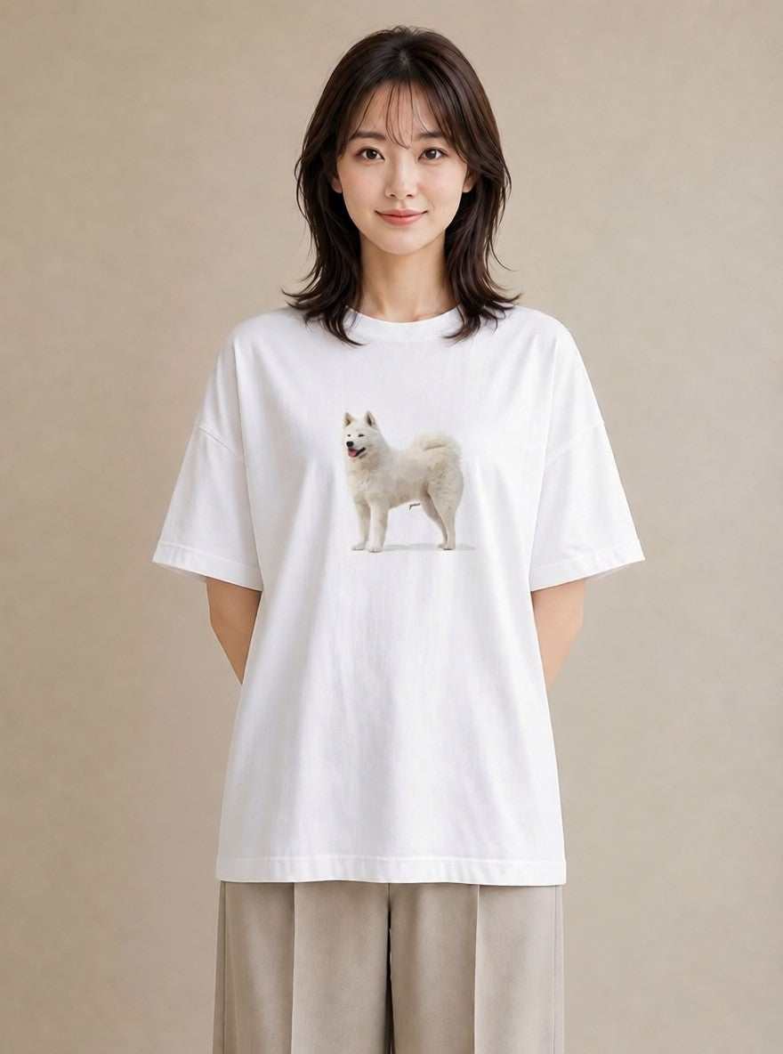 デザインTシャツ レディース サモエド 犬 いぬ イラスト こなれ感 カフェ服 クリスマス 白T