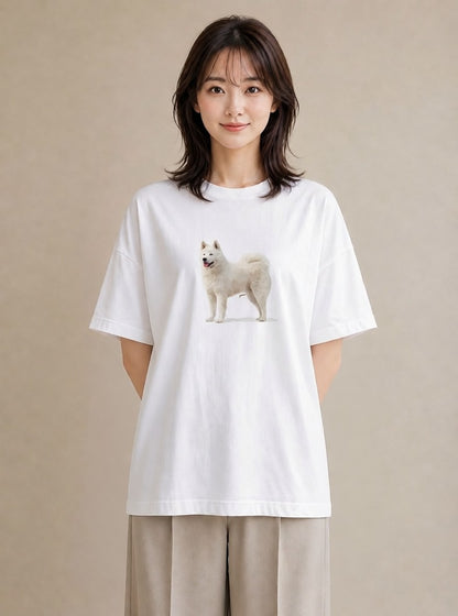 デザインTシャツ レディース サモエド 犬 いぬ イラスト こなれ感 カフェ服 クリスマス 白T