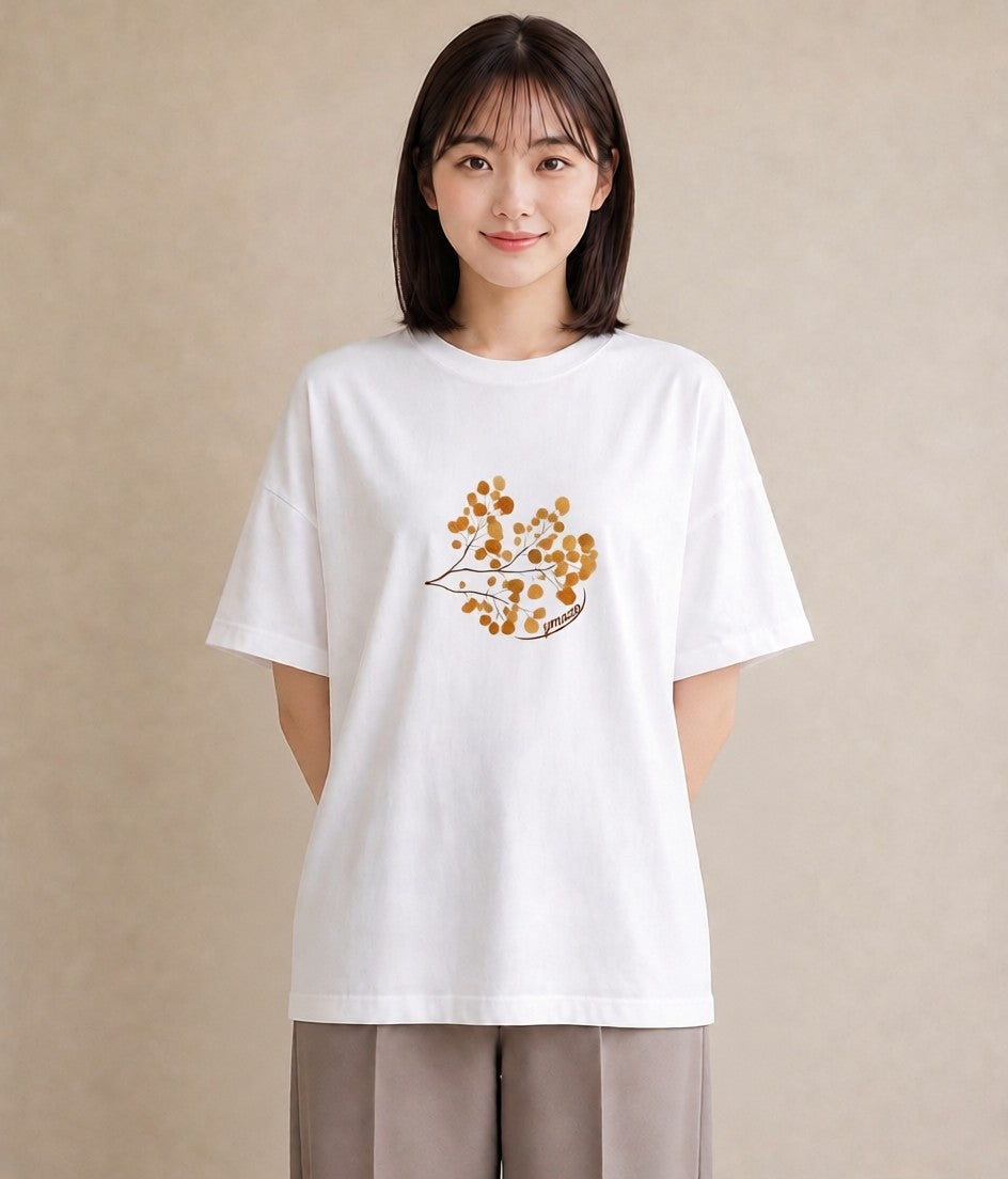 グラフィックTシャツ レディース 落ち葉 植物 ボタニカル イラスト 韓国風 レイヤード 友達ギフト 白T