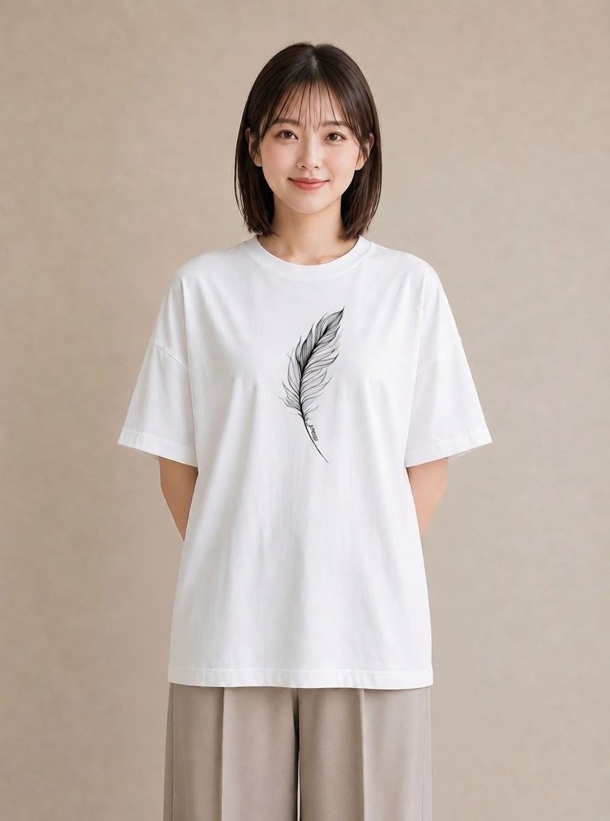グラフィックTシャツ レディース 扇子 そよ風 ナチュラル アンティーク イラスト 買い物 夏コーデ 白T