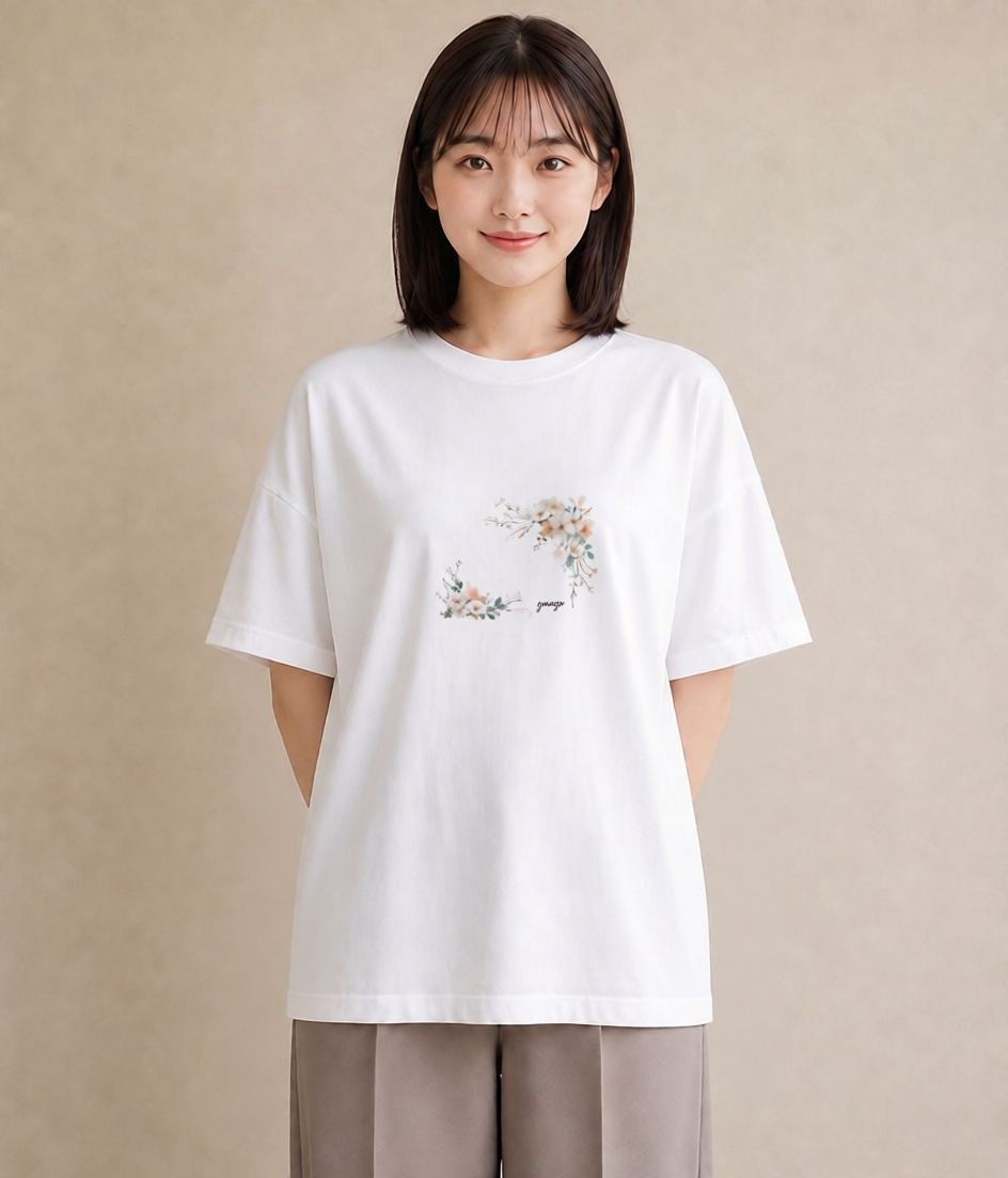 半袖Tシャツ レディース カスミソウ かすみ草 花 花柄 イラスト 手描き風 散歩 お出かけ 白T