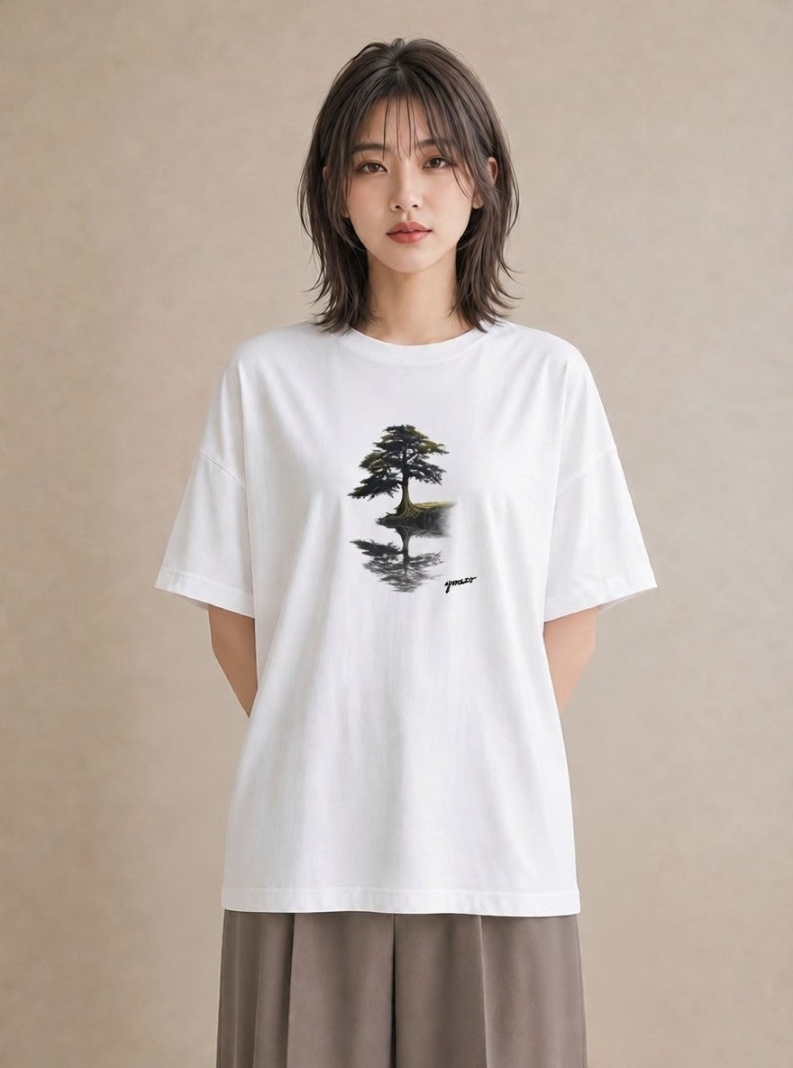 半袖Tシャツ レディース 青の水彩 風景 ブルー ナチュラル アンティーク イラスト 上品 自分用 ルームウェア 白T
