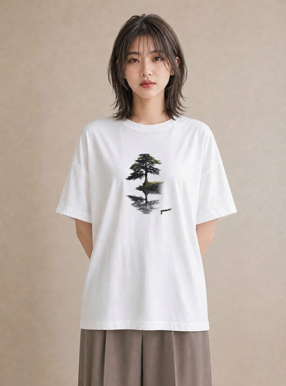 半袖Tシャツ レディース 青の水彩 風景 ブルー ナチュラル アンティーク イラスト 上品 自分用 ルームウェア 白T