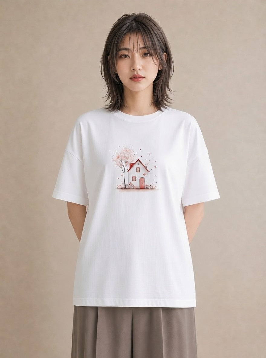 半袖Tシャツ レディース 遠い家と鳥 風景 鳥 ナチュラル アンティーク イラスト ヴィンテージ風 レイヤード 友達ギフト 白T