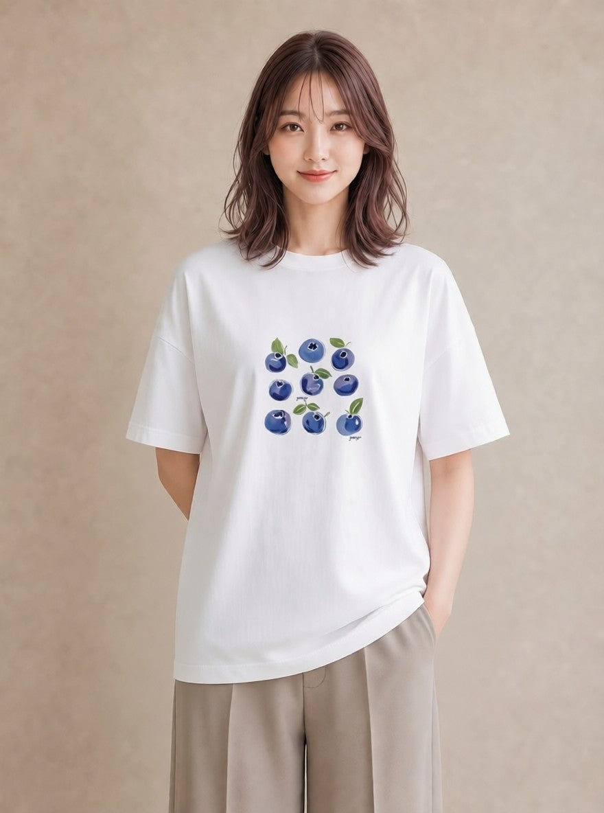 デザインTシャツ レディース ブルーベリー 食べ物 フード イラスト 韓国風 普段着 週末コーデ 白T
