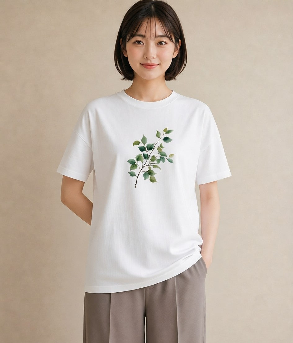 半袖Tシャツ レディース 新緑 植物 ボタニカル イラスト 休日コーデ 通学 誕生日プレゼント 白T