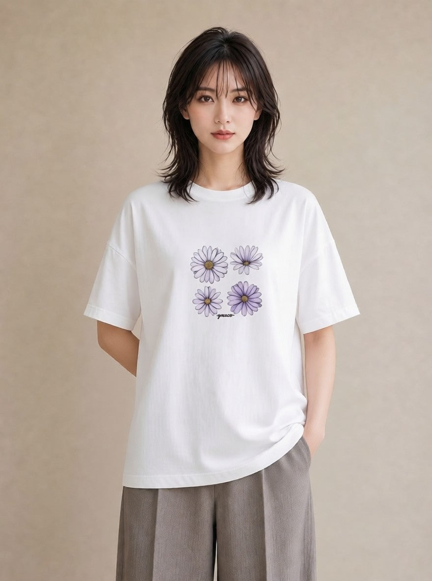 Tシャツ レディース スミレ 花 花柄 イラスト こなれ感 通勤 在宅 白T