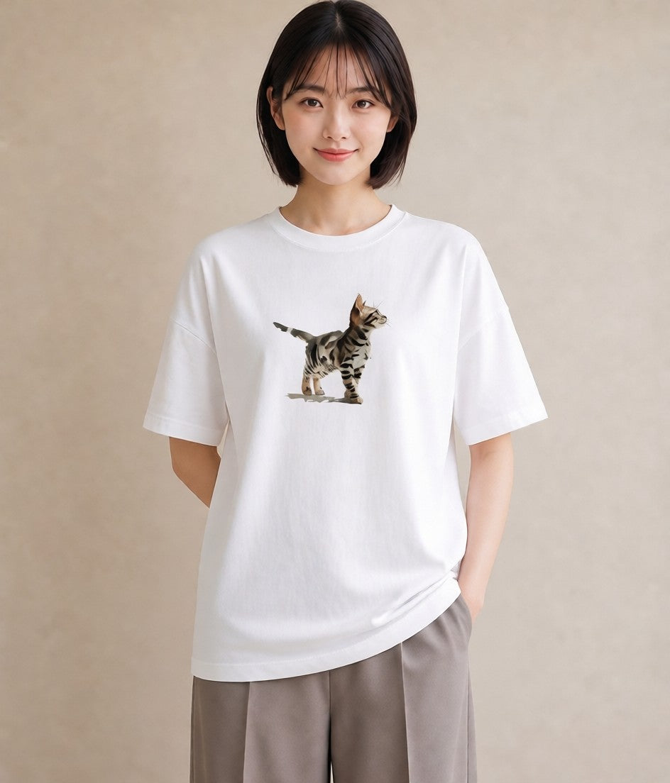 Tシャツ レディース 子猫 猫 ねこ イラスト ボタニカル 買い物 夏コーデ 白T
